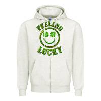 Oatmeal Heather feeling lucky with leopard Zipper Hoodie - RanaPortraitStore