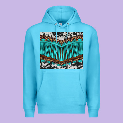 Western Cowhide Leopard Turquoise Fringed Premium Hoodie Designed By Barkaloodesign