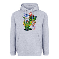 Heather Grey 4th of July T-Rex Heavyweight Hoodie - CowGirlArtShop