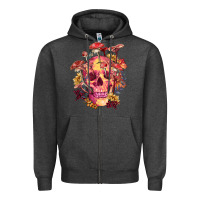 Charcoal Heather Floral skeleton with mushrooms Zipper Hoodie - RanaPortraitStore