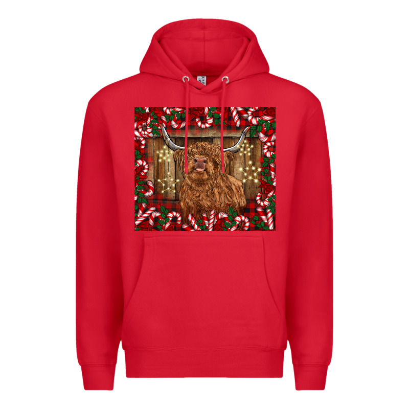 Christmas Highland Cow With Candy Canes Premium Hoodie by BarkalooDesign | Teevron