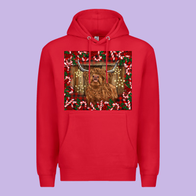Christmas Highland Cow With Candy Canes Premium Hoodie Designed By Barkaloodesign