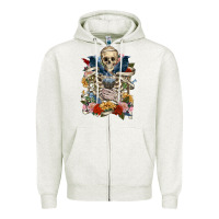 Oatmeal Heather Flower Boho Skull Skeleton Zipper Hoodie - RanaPortraitStore