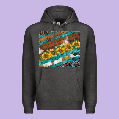 Western Aztec Sunflowers Turquoise Cowhide Premium Hoodie Designed By Barkaloodesign