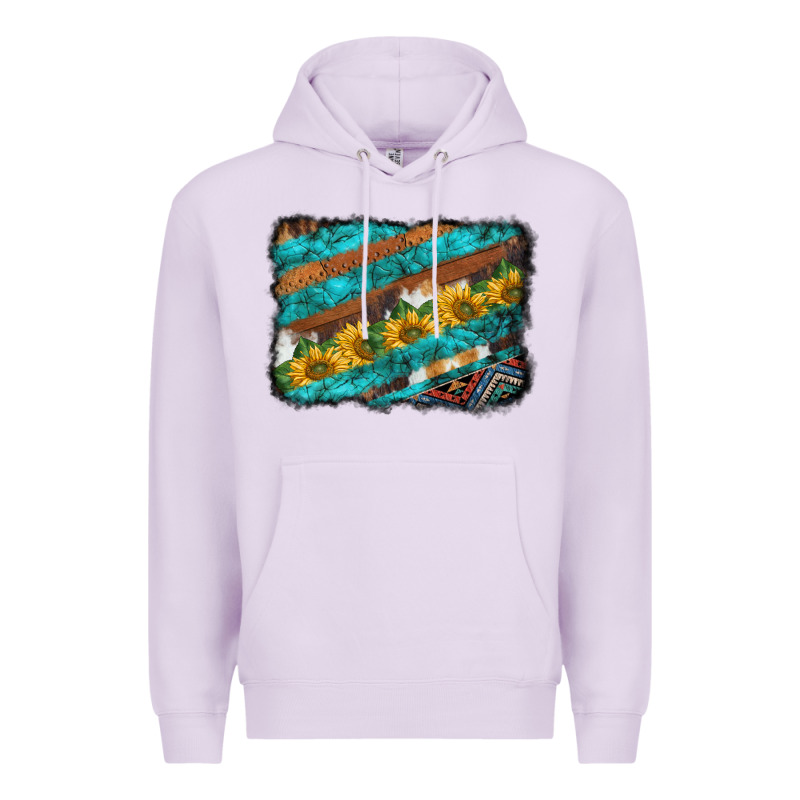Western Aztec Sunflowers Turquoise Cowhide Background Premium Hoodie by BarkalooDesign | Teevron