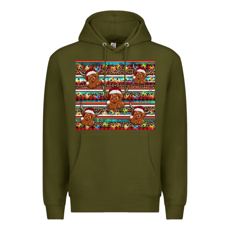Christmas Turquoise Serape Highland Cow Premium Hoodie by BarkalooDesign | Teevron