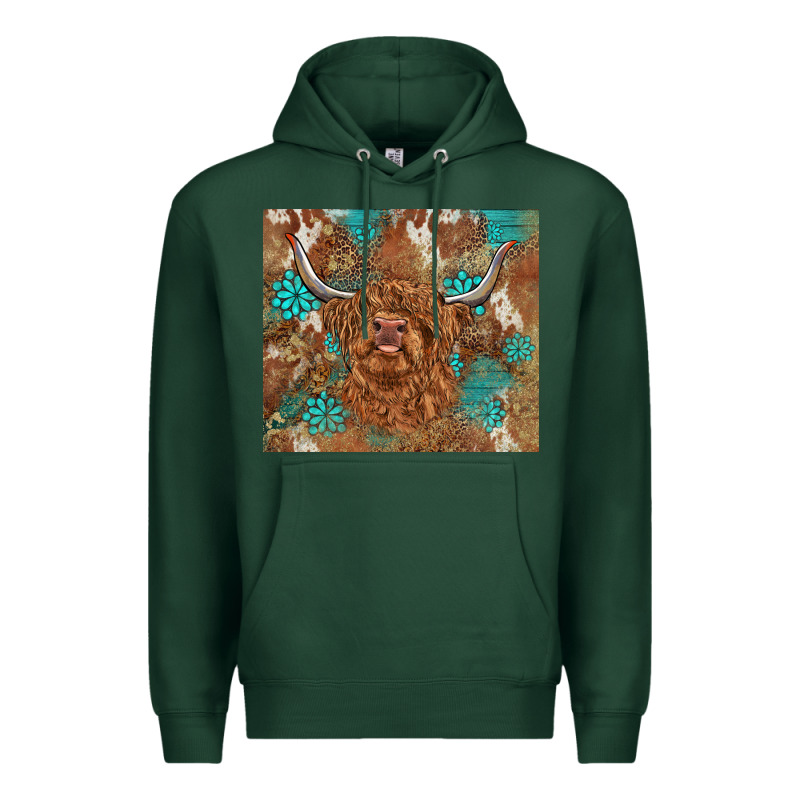 Highland Cow Turquoise Gemstones Western Patterns Premium Hoodie by BarkalooDesign | Teevron