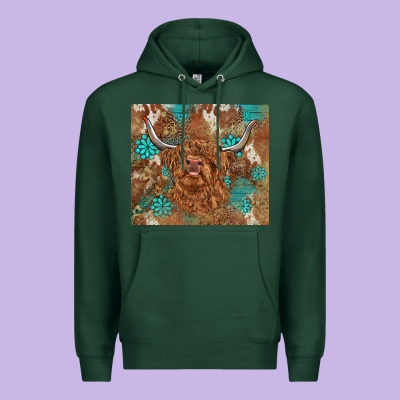 Highland Cow Turquoise Gemstones Western Patterns Premium Hoodie Designed By Barkaloodesign