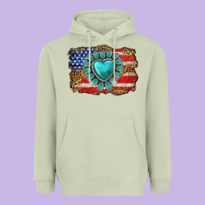 American Flag Leopard Turquoise Gemstone Heavyweight Hoodie Designed By Neo Western