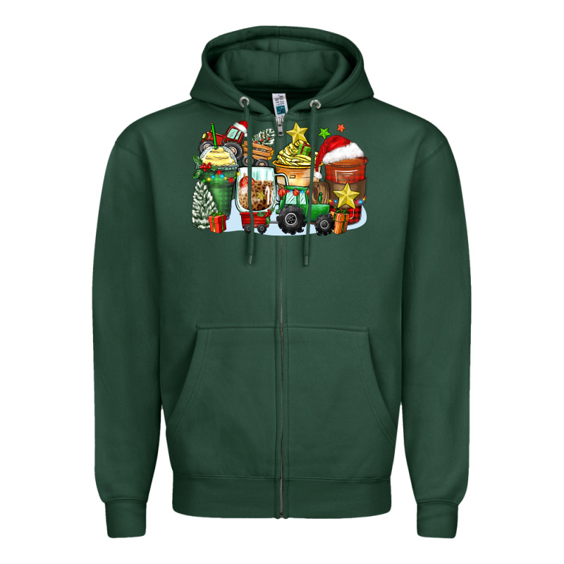 Christmas Tractor Coffee Cups Zipper Hoodie by Zillion Design Studio | Teevron