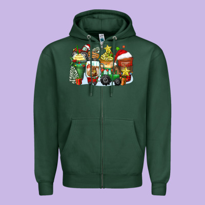 Christmas Tractor Coffee Cups Zipper Hoodie Designed By Zillion Design Studio