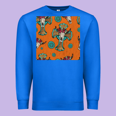 Western Cross And Bull Skull Seamless Pattern Premium Sweatshirt Designed By Hra Design Shop