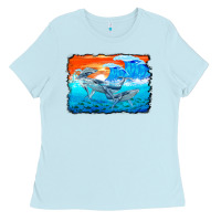 Baby Blue humpback whale and wave background Ladies Tee - BarkalooDesign