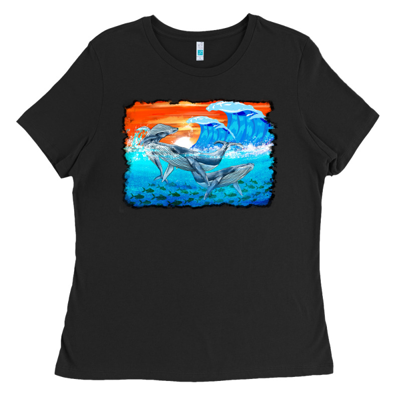 Humpback Whale And Wave Background Ladies Tee by BarkalooDesign | Teevron
