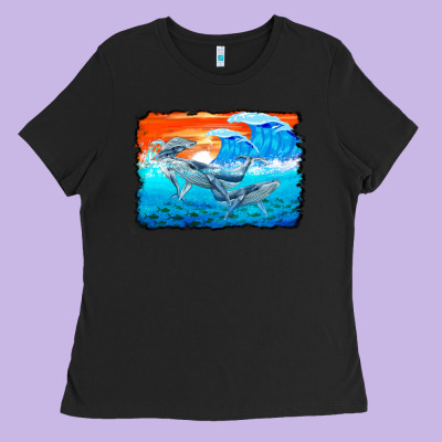 Humpback Whale And Wave Background Ladies Tee Designed By Barkaloodesign
