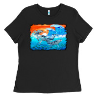 Black humpback whale and wave background Ladies Tee - BarkalooDesign