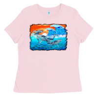 Bubblegum Pink humpback whale and wave background Ladies Tee - BarkalooDesign
