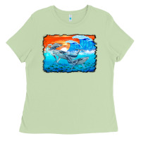 Matcha humpback whale and wave background Ladies Tee - BarkalooDesign