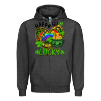 Charcoal Heather Happy Go Lucky Pot Of Gold And Rainbow Heart Zipper Hoodie - RanaPortraitStore