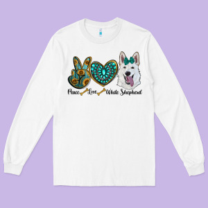Peace Love White Sepherd Long Sleeve Tee Designed By Barkaloodesign