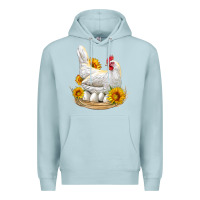 Blue Mist Perched Chicken With Sunflowers Premium Hoodie - LillyAllenDesigns