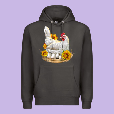 Perched Chicken With Sunflowers Premium Hoodie Designed By Lillyallendesigns