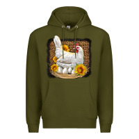 Army Green perched chicken with sunflowers leopard background Premium Hoodie - LillyAllenDesigns