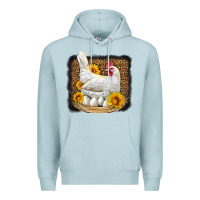 Blue Mist perched chicken with sunflowers leopard background Premium Hoodie - LillyAllenDesigns