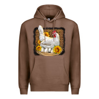 Chestnut perched chicken with sunflowers leopard background Premium Hoodie - LillyAllenDesigns