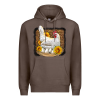 Coffee perched chicken with sunflowers leopard background Premium Hoodie - LillyAllenDesigns