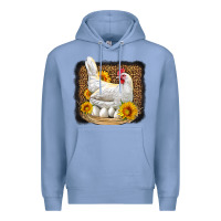 Colony Blue perched chicken with sunflowers leopard background Premium Hoodie - LillyAllenDesigns