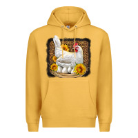 Mustard perched chicken with sunflowers leopard background Premium Hoodie - LillyAllenDesigns