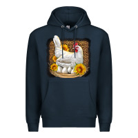 Navy perched chicken with sunflowers leopard background Premium Hoodie - LillyAllenDesigns