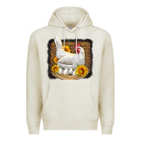 Oatmeal Heather perched chicken with sunflowers leopard background Premium Hoodie - LillyAllenDesigns
