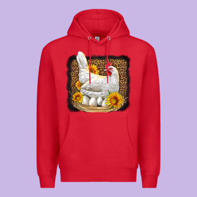 Perched Chicken With Sunflowers Leopard Background Premium Hoodie Designed By Lillyallendesigns