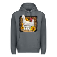 Rock perched chicken with sunflowers leopard background Premium Hoodie - LillyAllenDesigns