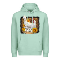 Seafoam perched chicken with sunflowers leopard background Premium Hoodie - LillyAllenDesigns