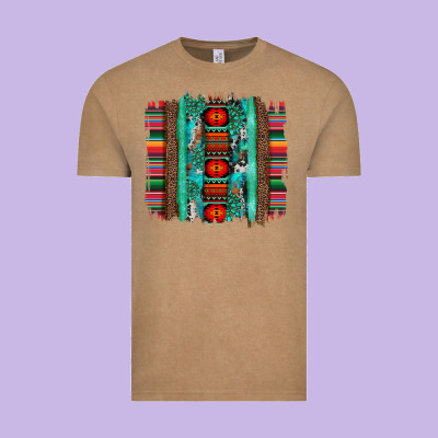 Serape Aztec Leopard And Turquoise Glitter With Gemstone Brushstroke Vintage Tee Designed By Artiststas