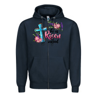 Navy He Is Risen Indeed Cross And Flowers Zipper Hoodie - RanaPortraitStore