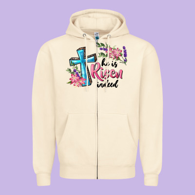 Zipper Hoodie He Is Risen Indeed Cross And Flowers