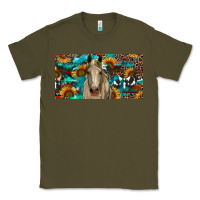 Army Green Horse With Sunflowers Aztec And Cowhide Classic Tee - RanaPortraitStore