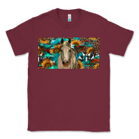 Burgundy Horse With Sunflowers Aztec And Cowhide Classic Tee - RanaPortraitStore
