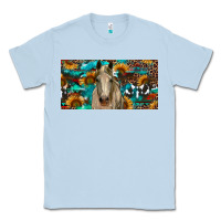 Dusty Blue Horse With Sunflowers Aztec And Cowhide Classic Tee - RanaPortraitStore