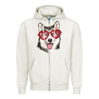 Oatmeal Heather husky with love glasses Zipper Hoodie - RanaPortraitStore