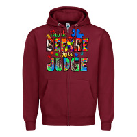 Burgundy think before you judge autism Zipper Hoodie - Zillion Design Studio