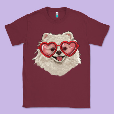 Classic Tee white pomeranian with love glasses