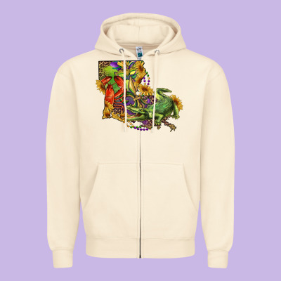 Zipper Hoodie Louisiana Map With Mardi Gras Crocodile