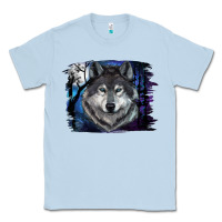 Dusty Blue Wolf And Full Moon Classic Tee - RanaPortraitStore