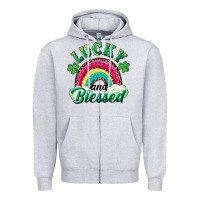 Heather Grey Lucky and blessed rainbow Zipper Hoodie - RanaPortraitStore