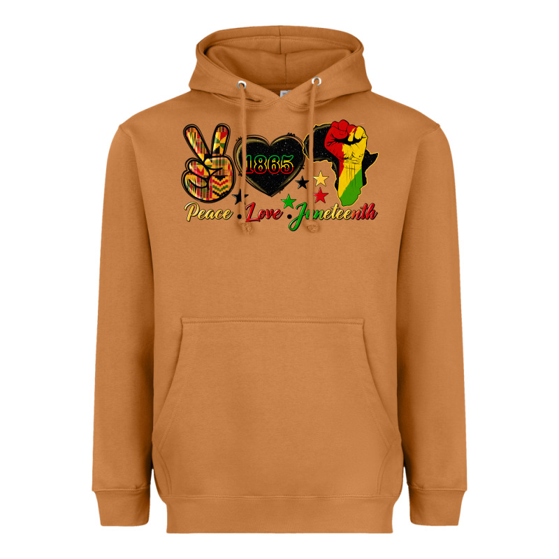 Peace Love Juneteenth Raised Fist Heavyweight Hoodie by HRA Design Shop | Teevron